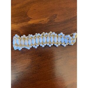 Vintage White Milk Glass Bead Gold Tone Chain Bracelet Mid Century Style 7.5"